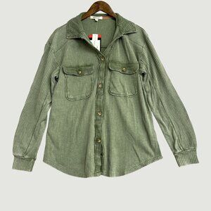 Briggs Women's M Olive Green Rib-Knit Button up Distressed Shirt   M0245